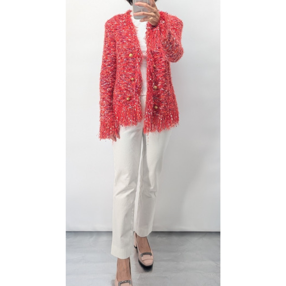 NWT L'Agence Azure Fuzzy Fringe Boucle Open Cardigan Size XS Orange #3F512 - Picture 1 of 11